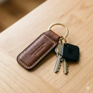 A stylized illustration of a premium brown leather key accessories chain with a brass ring.