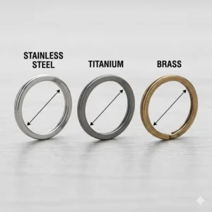 A side-by-side comparison of different metal options including a titanium, brass, and steel ring key ring.