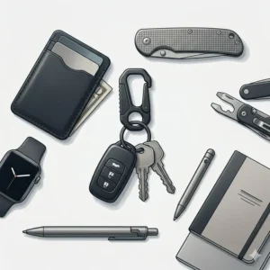 A top-down illustration of minimalist everyday carry gear, including a wallet, pocket knife, and a matte black key clip.