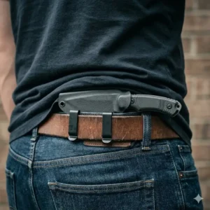 Illustration showing a horizontal scout carry position for an everyday carry fixed blade knife on a belt.