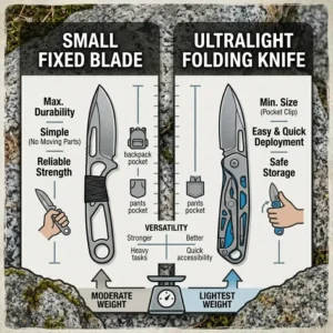 An infographic comparing fixed blade and folding versions of the best ultralight backpacking knife category.