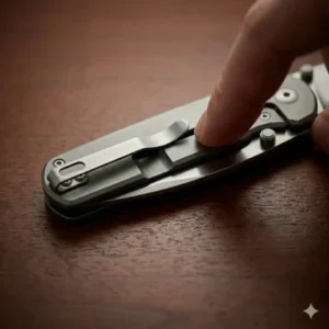 An illustration showing the detailed patterns of a Damascus steel blade on an executive pocket knife.