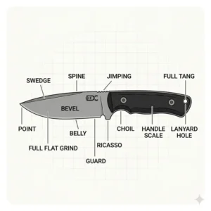 A labeled diagram of an everyday carry fixed blade knife showing the full tang, jimping, and bevel.