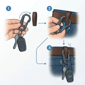 A three-step vector illustration demonstrating how to easily hook and unhook a quick-release key clip from a belt loop.