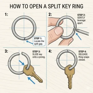 An instructional illustration showing steps on how to open a split ring key ring safely to add new keys.