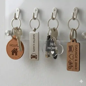 Illustration 3: Close-up of a rustic leather and wood key chain holder custom for a handmade aesthetic.