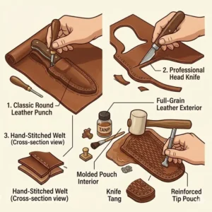 Close-up illustration of the traditional saddle stitch technique used to sew a leather sheath.