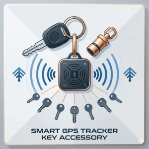 An illustration of a modern Bluetooth smart tracker for key accessories, showing a digital signal wave.