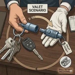 A driver easily detaching their car key from a quick release key ring to hand over to a valet parking attendant.