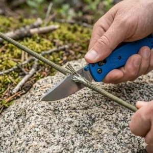 A close-up view of the best ultralight backpacking knife cutting through heavy-duty paracord with ease.