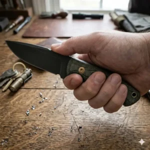 An illustration of a hand holding a compact everyday carry fixed blade knife to demonstrate ergonomic finger choils.