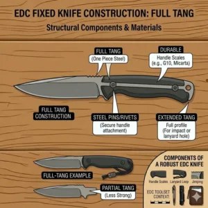 Technical drawing highlighting the full tang construction and durability of a high-quality edc fixed knife.