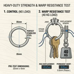 A tactical heavy-duty carabiner attached to a secure silver ring key ring with car keys.