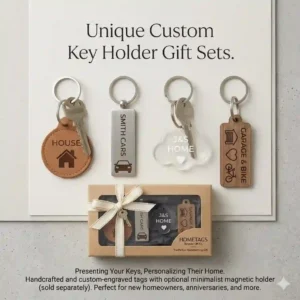 Gift-wrapped key chain holder custom presented as a unique housewarming or anniversary present.