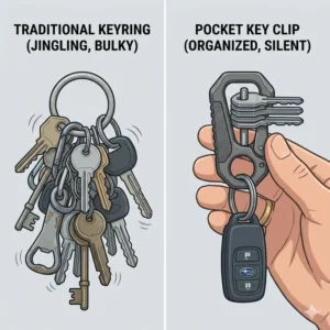 A side-by-side comparative illustration showing the bulkiness of a traditional keyring versus the organized profile of a pocket key clip.