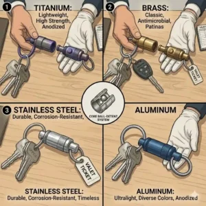 A comparison of three quick release key ring types made from titanium, brass, and stainless steel.