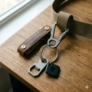 A rugged titanium carabiner clip designed for securing heavy-duty key accessories to a belt loop.