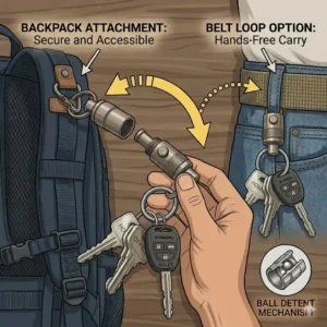 A quick release key ring clip attached to a tactical backpack strap for easy access.