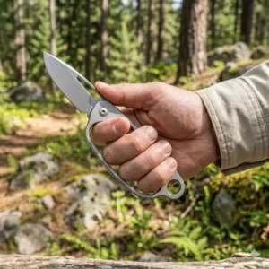 A hiker demonstrating the ergonomic handle and secure grip of the best ultralight backpacking knife.
