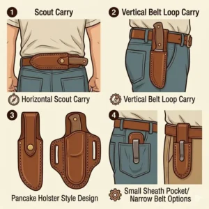 An instructional illustration showing how to clean and condition a leather sheath to prevent cracking.