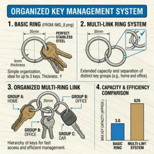 An organized EDC setup featuring a main ring key ring holding smaller individual micro rings to separate keys.