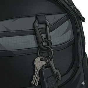 A detailed illustration of a tactical backpack interior showing a secure key clip stitched inside the front pocket for travel organization.