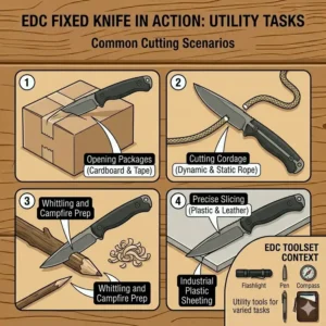 Close-up illustration of a person performing daily cutting tasks using a sharp edc fixed knife.