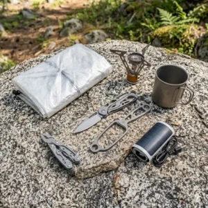 An overhead gear layout featuring a tent, stove, and the best ultralight backpacking knife for long-distance trekking.