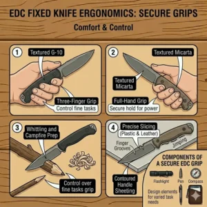Visual guide demonstrating the secure ergonomic hand grip and finger placement on an edc fixed knife.