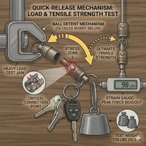 A vector illustration demonstrating the weight capacity and secure locking mechanism of a heavy-duty quick release key ring.