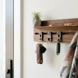 A modern wooden wall-mounted rack holding house keys and various key accessories near an entryway.