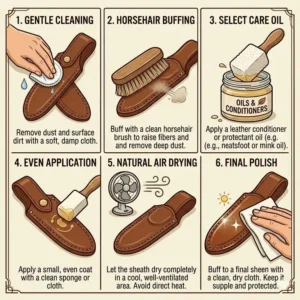 An illustration demonstrating vertical and horizontal scout carry options for a leather sheath on a belt.