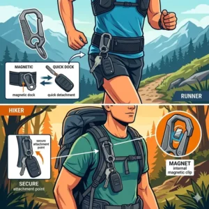 A colorful graphic showcasing a lightweight magnetic key clip being used by a runner and an outdoor hiker.