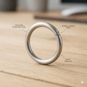 A minimalist leather loop accessory connected to a polished metal ring key ring resting on a desk.