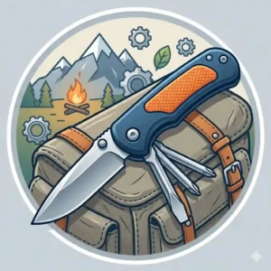 A rugged pocket knife with screwdriver resting on a camping gear bag in a forest setting.