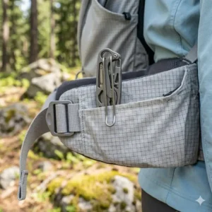 The best ultralight backpacking knife securely attached to a backpack hip belt using a lightweight pocket clip.