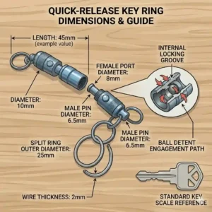 A technical drawing showing the precise measurements and length of a compact quick release key ring.