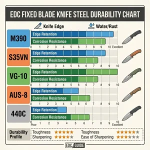 A chart comparing edge retention and corrosion resistance for everyday carry fixed blade knife steels like S35VN and M390.