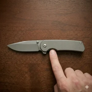 An illustration of an executive pocket knife presented in an elegant wooden gift box.