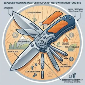 A technical diagram illustrating the internal components and locking mechanism of a pocket knife with screwdriver.
