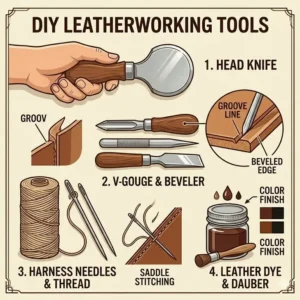 A flat-lay illustration of essential leatherworking tools needed to craft a custom leather sheath.