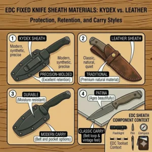 A comparison of Kydex and leather sheath materials designed specifically for an edc fixed knife.