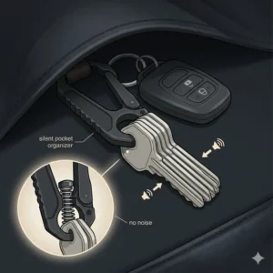 A conceptual illustration of keys neatly stacked and secured by a compact key clip to prevent noise and pocket scratches.