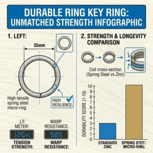 An infographic illustrating the tension strength and warp resistance of a durable spring steel ring key ring.