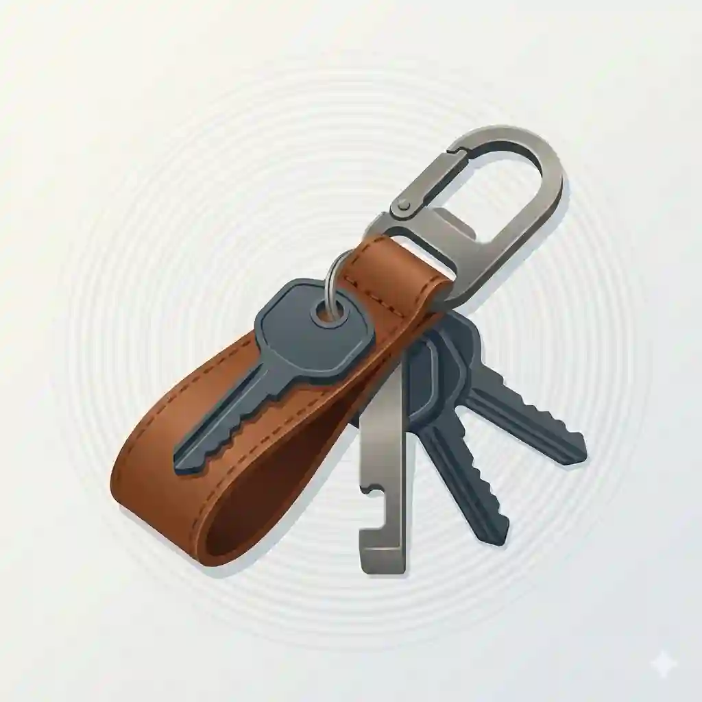 A focused minimalist keychain and fanned-out keys set within a minimalist icon frame.