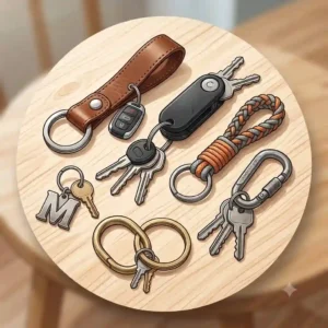 Alt Text: A close-up square illustration of a robust stainless steel screw-gate carabiner with multiple keys and a fob, representing the heavy-duty best keychain for car keys.