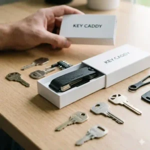 A close-up shot of a modern, sleek black carbon fiber key caddy being unpacked from its white cardboard packaging on a wooden desk.