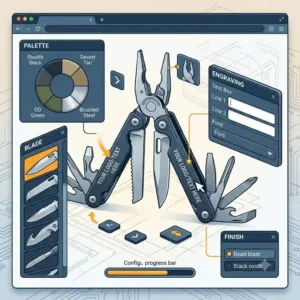 A 3D digital graphic showing how to design a custom multi tool online, highlighting options for handle colors, clip types, and blade engraving.