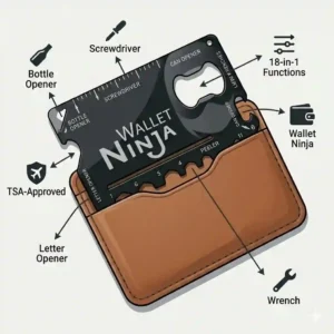 Detailed diagram mapping out all eighteen different functions of the original ninja wallet ninja flat tool card