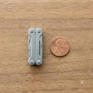 A pocket-sized tiny multi tool placed next to a standard shiny copper penny to show its miniature scale.